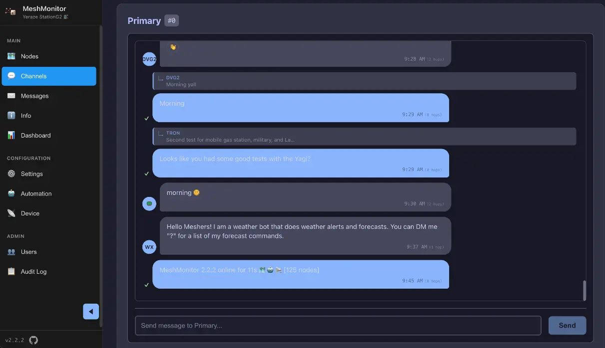 MeshMonitor 频道消息界面